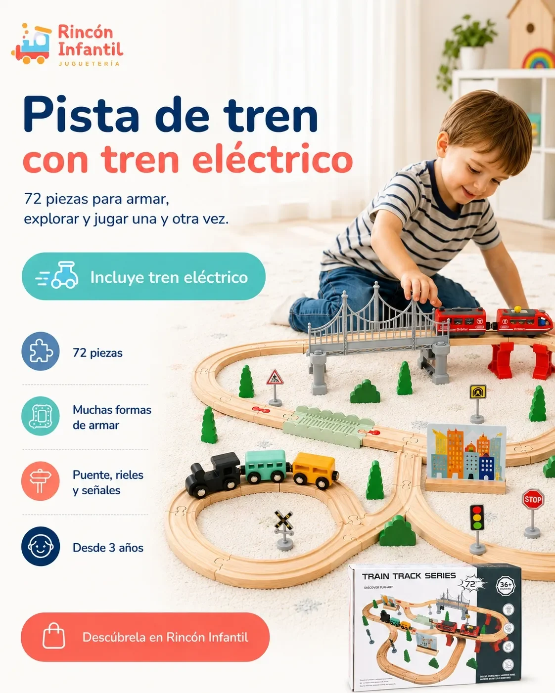 Infografía Pista de Tren de Madera con Locomotora 72 Piezas Rincón Infantil
