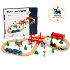 Pista de Tren de Madera con Tren Eléctrico 52 Piezas