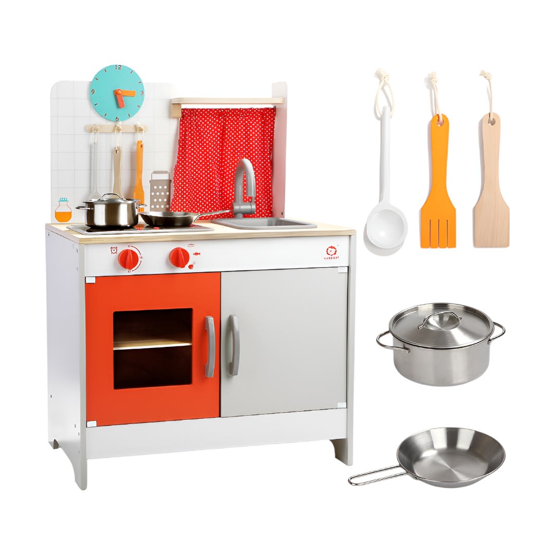 Cocina de Madera Con Luz Y Accesorios  Color Blanco y Rojo3