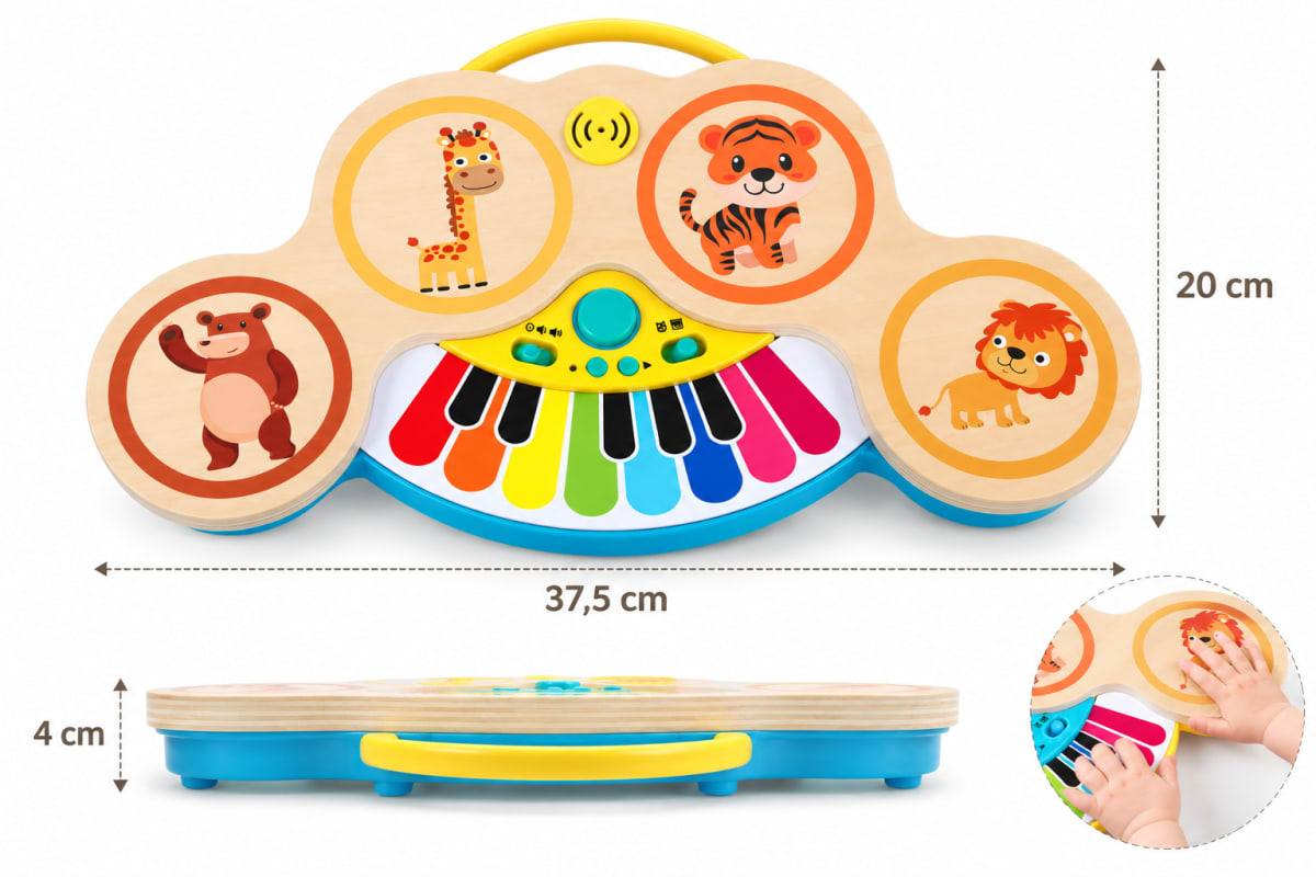 Batería y Piano Electrónico de Madera 2 en 1 con Luz y Música al Tacto4