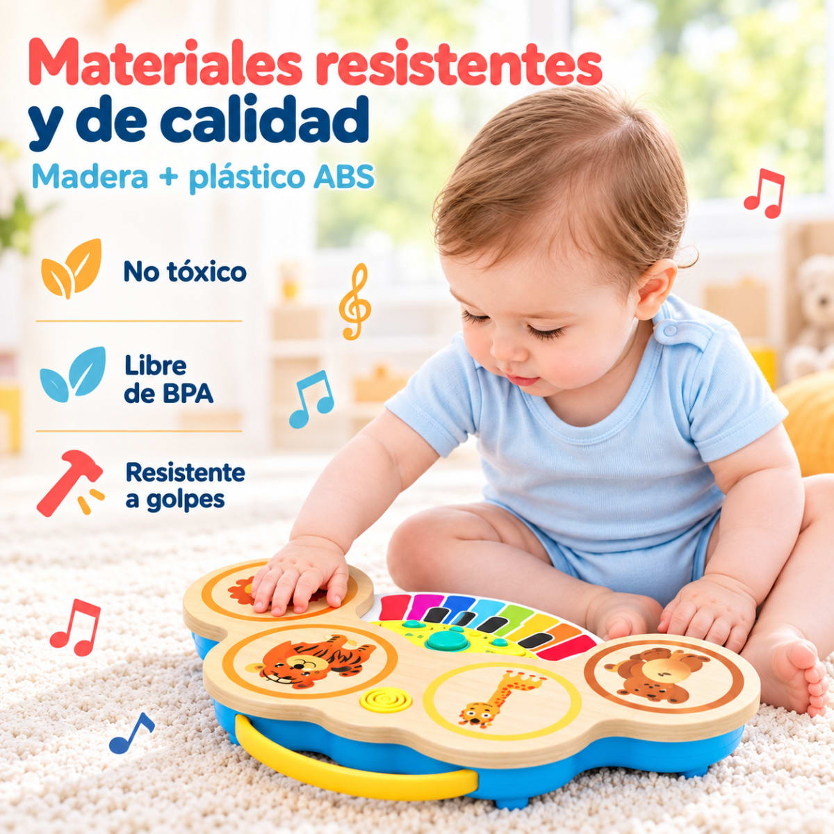 Batería y Piano Electrónico de Madera 2 en 1 con Luz y Música al Tacto5