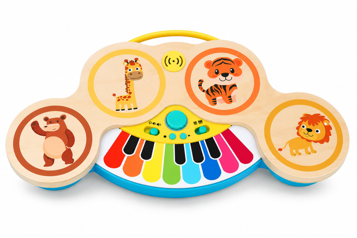 Batería y Piano Electrónico de Madera 2 en 1 con Luz y Música al Tacto6