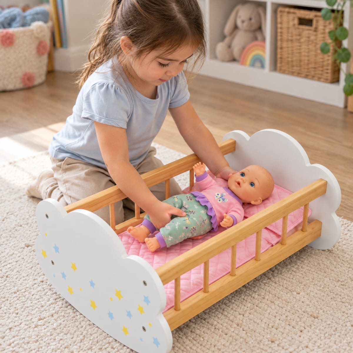 Cuna Mecedora de Madera para Muñecas con Colchón y Almohada4