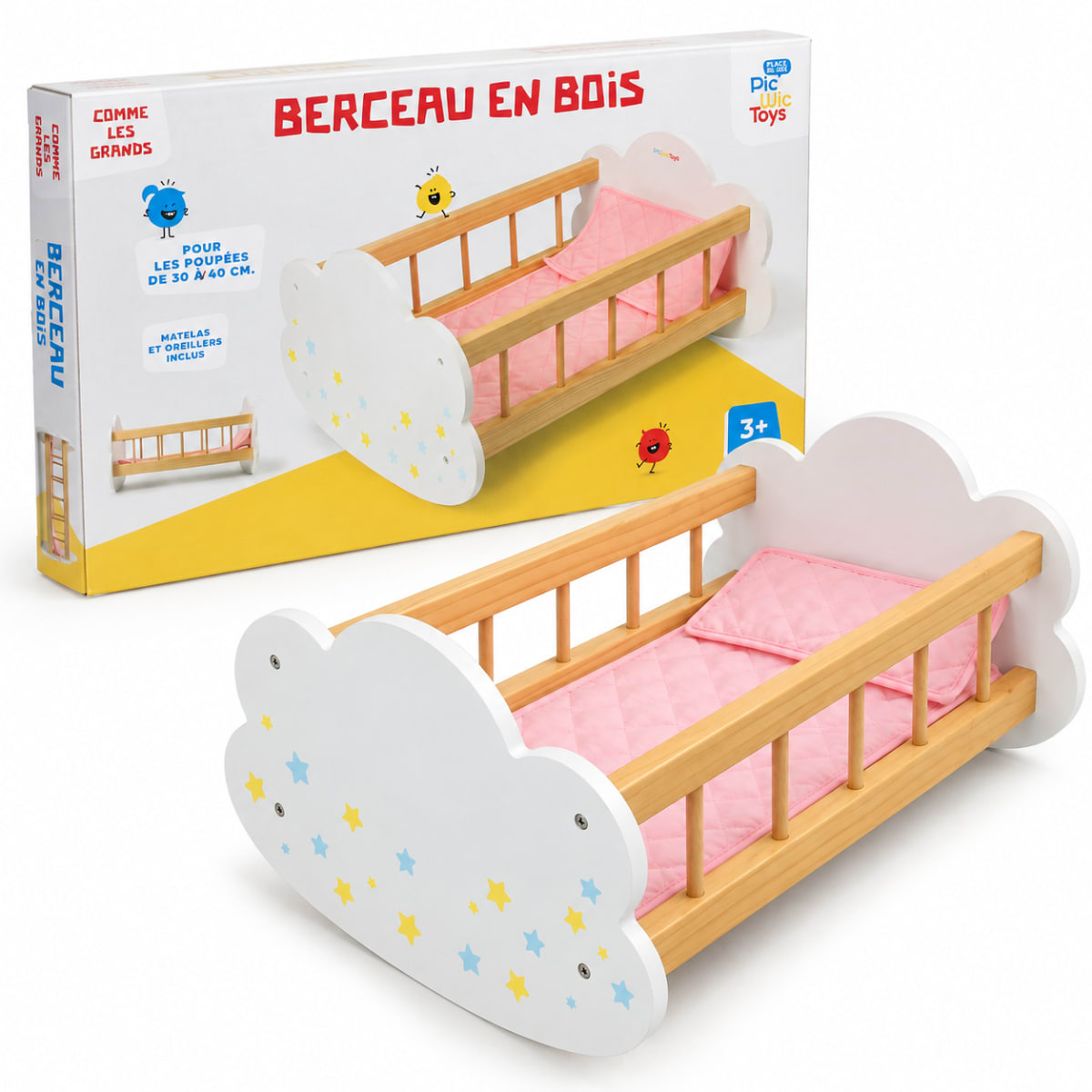 Cuna Mecedora de Madera para Muñecas con Colchón y Almohada5