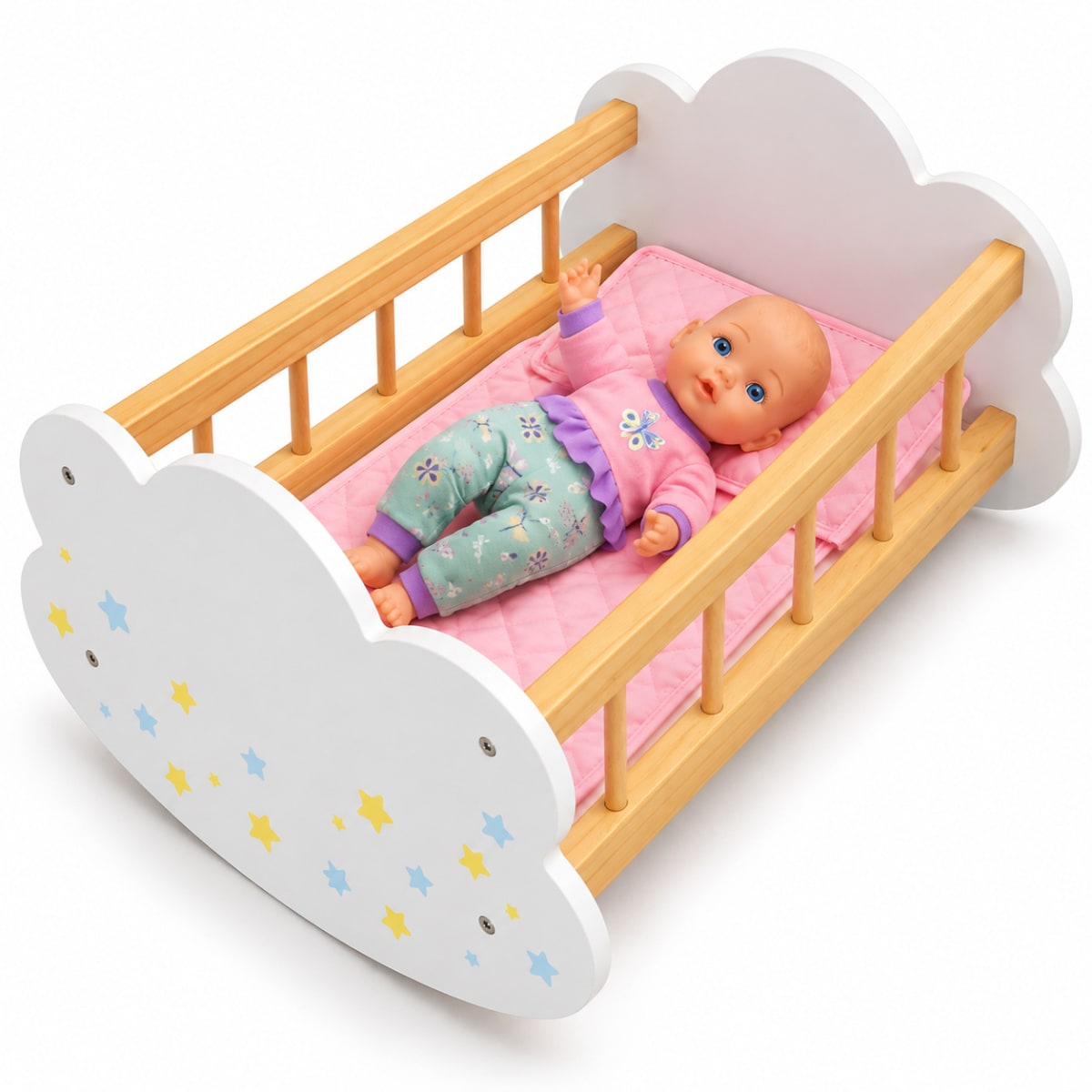Cuna Mecedora de Madera para Muñecas con Colchón y Almohada3