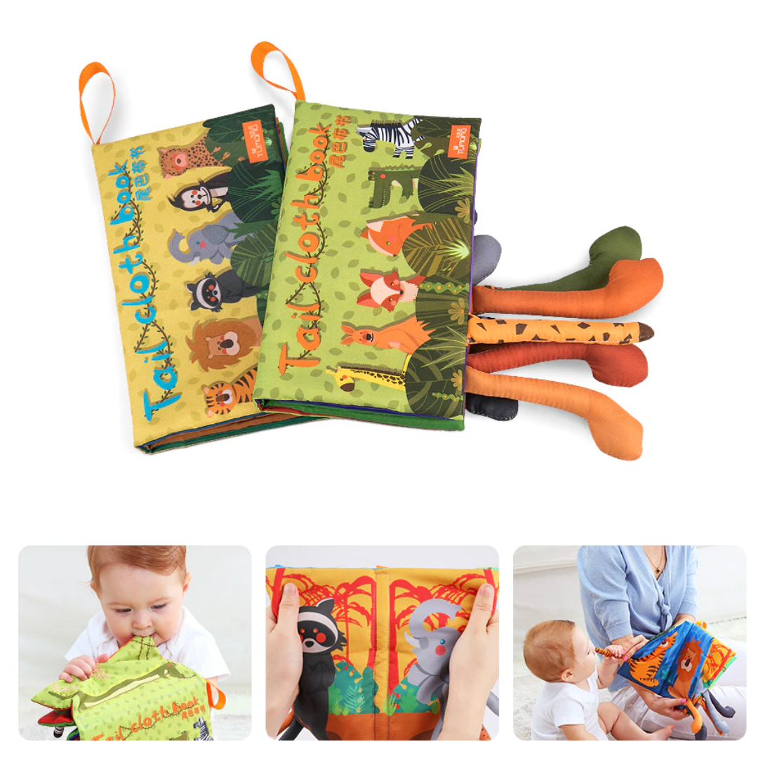 Libro de tela con colas de animales de la selva1