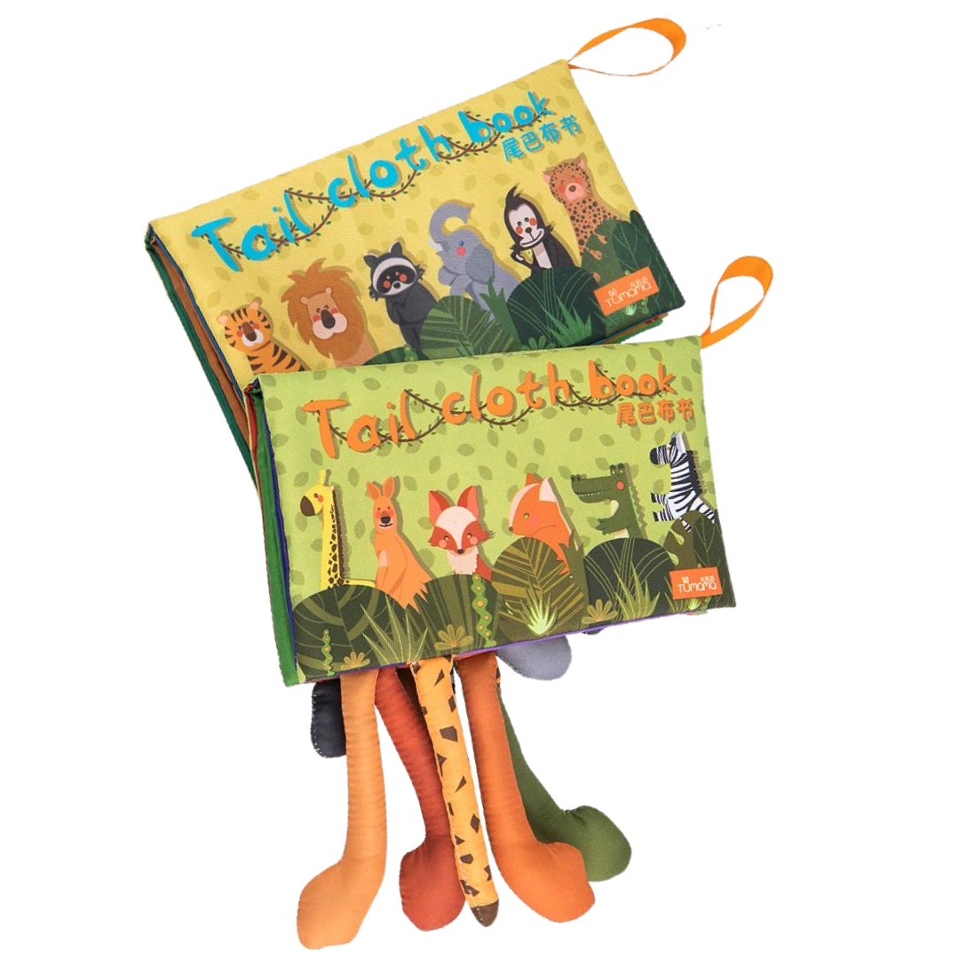 Libro de tela con colas de animales de la selva 1