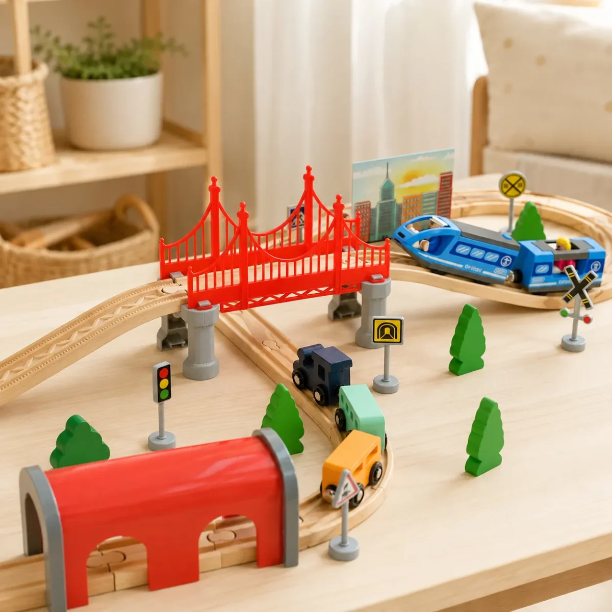 Pista de Tren de Madera con Tren Eléctrico 52 Piezas4