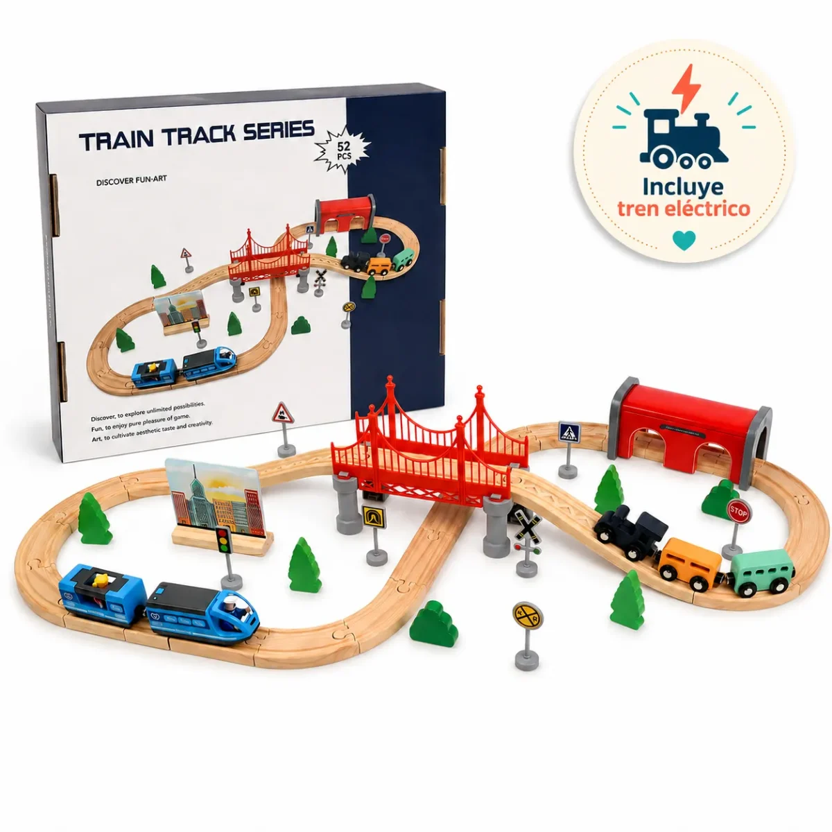 Pista de Tren de Madera con Tren Eléctrico 52 Piezas 0
