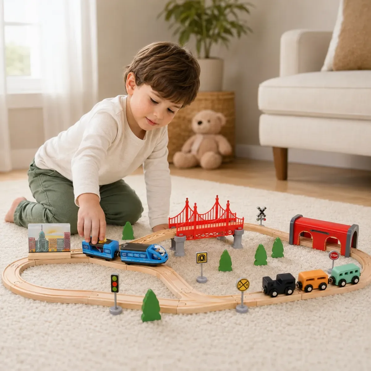 Pista de Tren de Madera con Tren Eléctrico 52 Piezas2