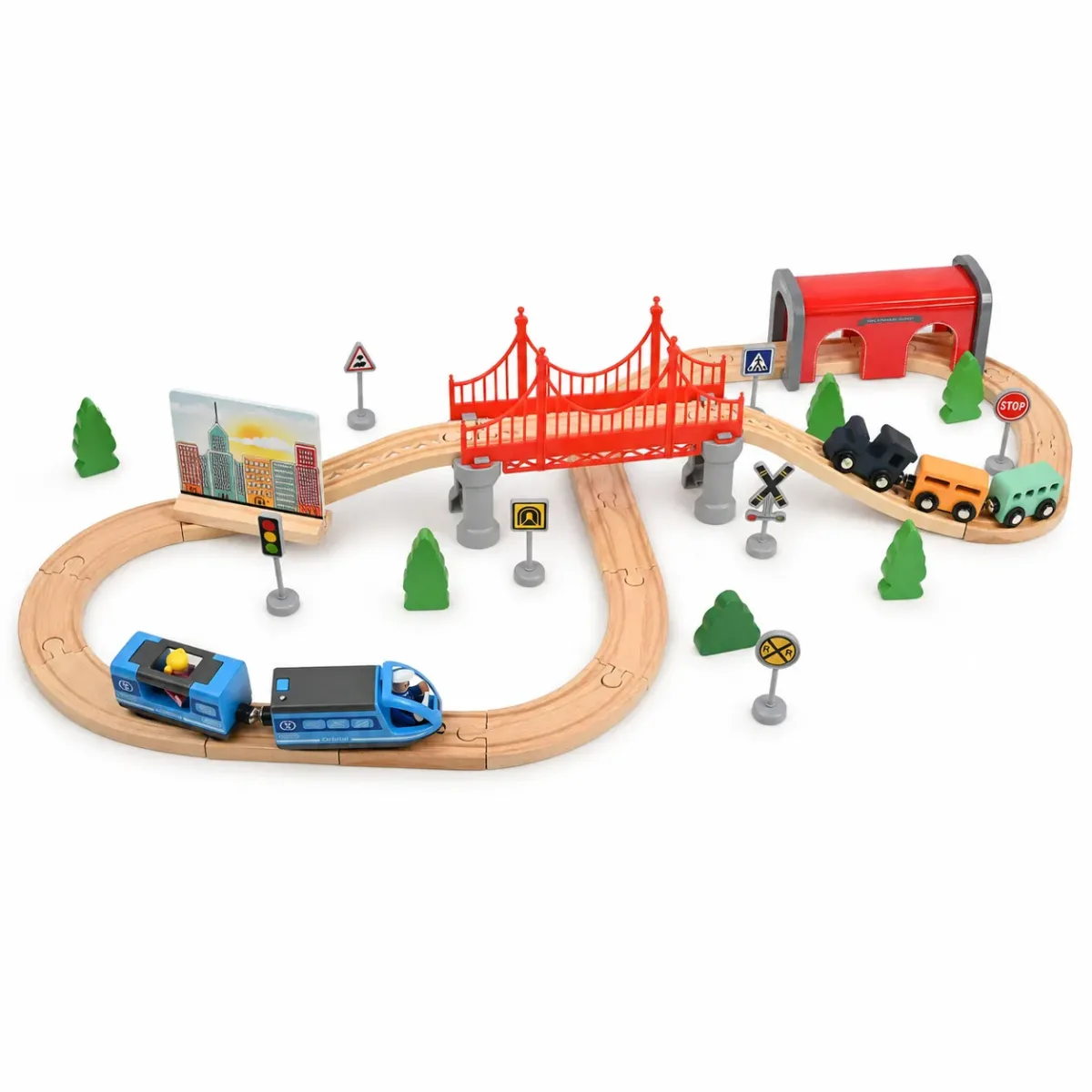 Pista de Tren de Madera con Tren Eléctrico 52 Piezas3