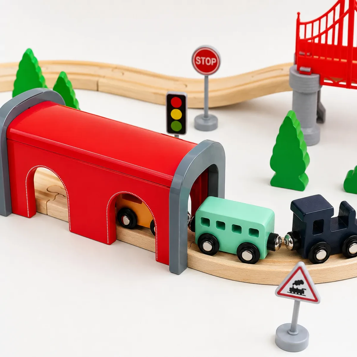 Pista de Tren de Madera con Tren Eléctrico 52 Piezas5