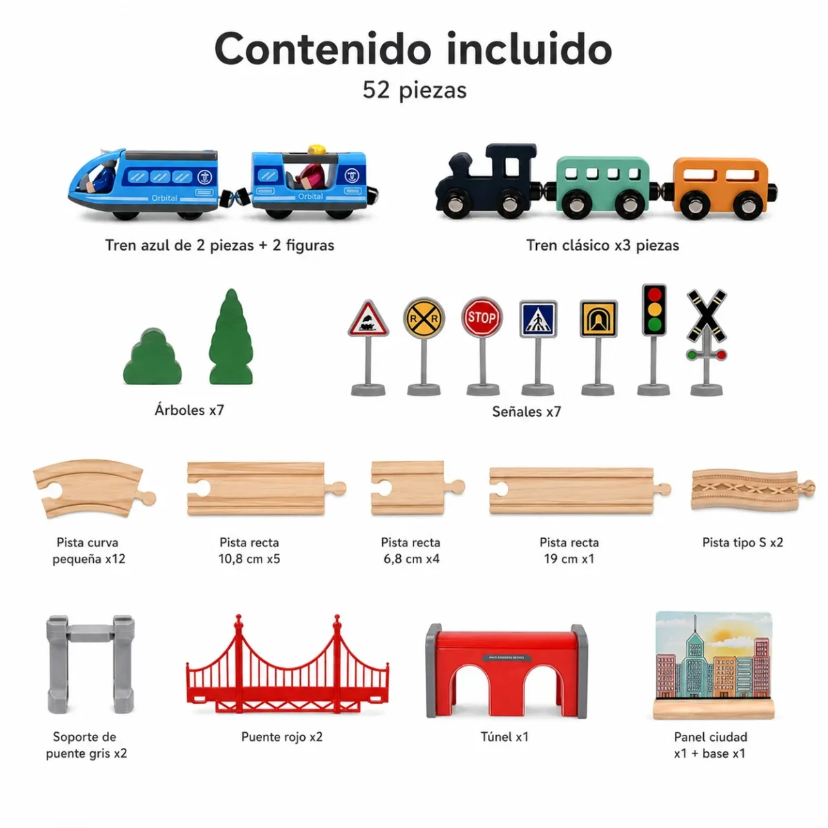 Pista de Tren de Madera con Tren Eléctrico 52 Piezas6
