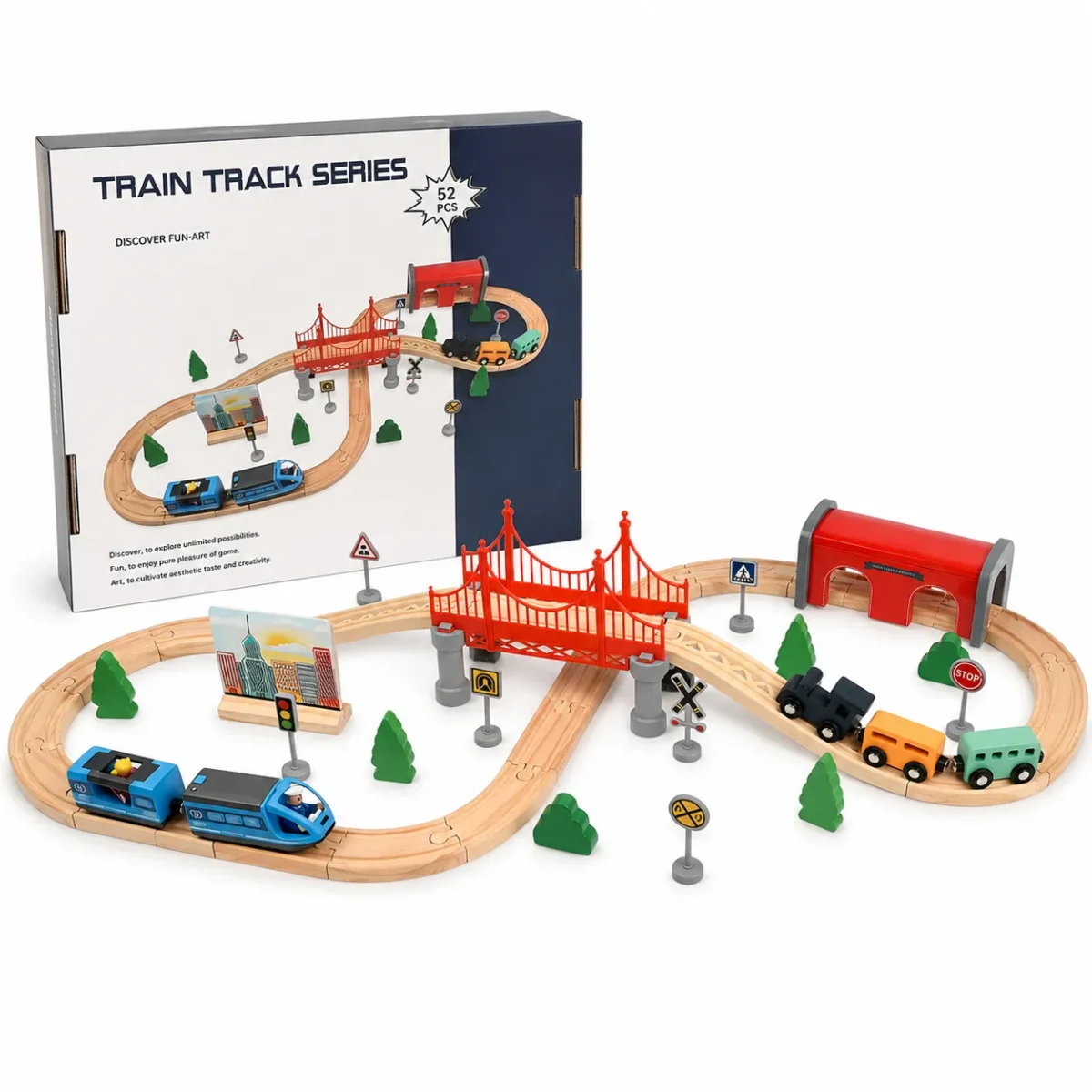Pista de Tren de Madera con Tren Eléctrico 52 Piezas7