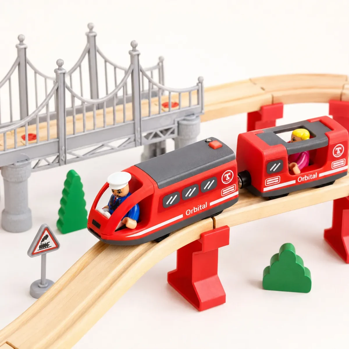 Pista de Tren de Madera con Tren Eléctrico 72 Piezas3