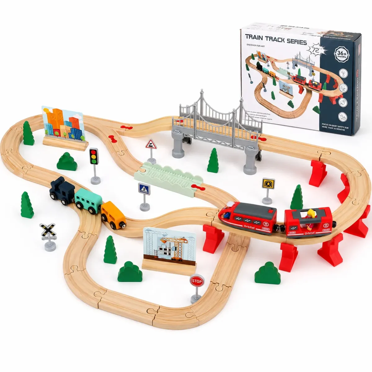 Pista de Tren de Madera con Tren Eléctrico 72 Piezas1