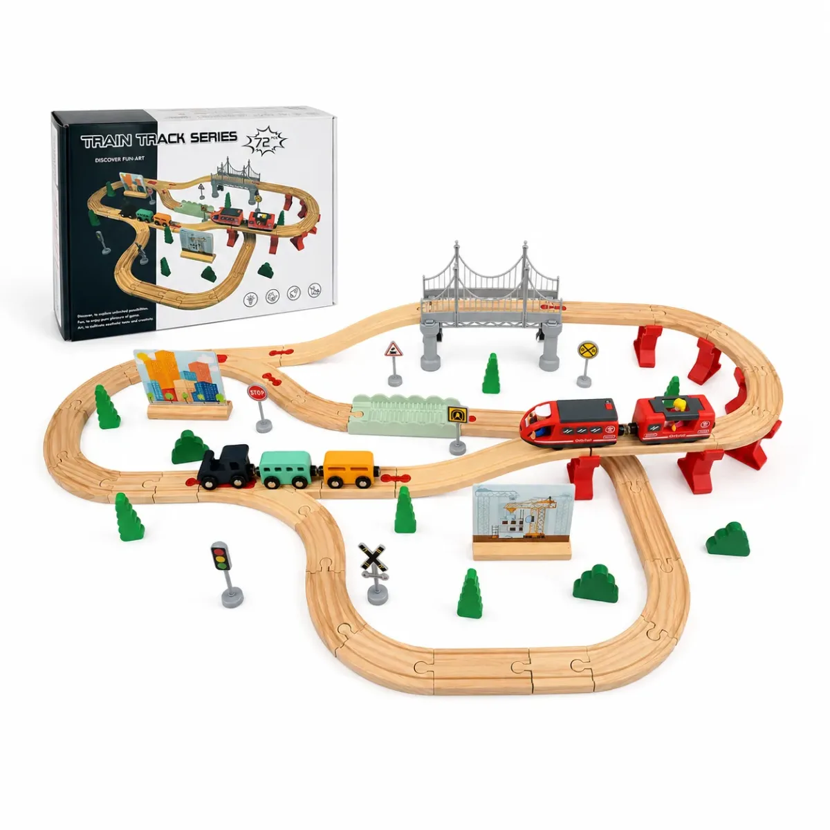Pista de Tren de Madera con Tren Eléctrico 72 Piezas5