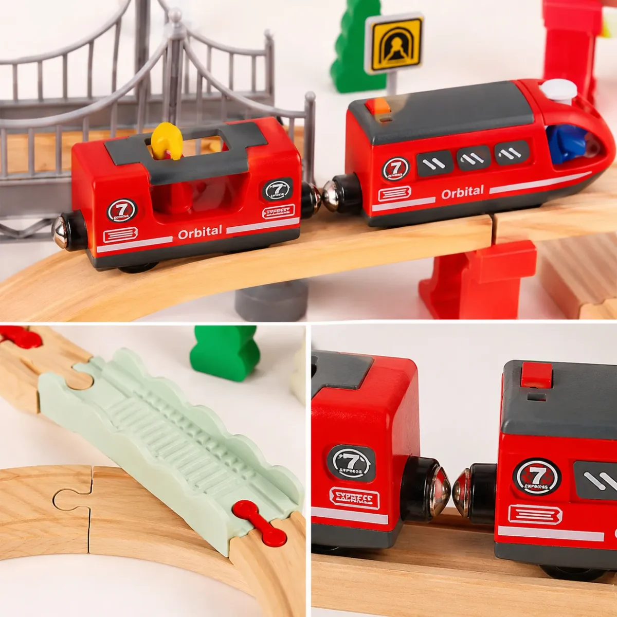 Pista de Tren de Madera con Tren Eléctrico 72 Piezas6