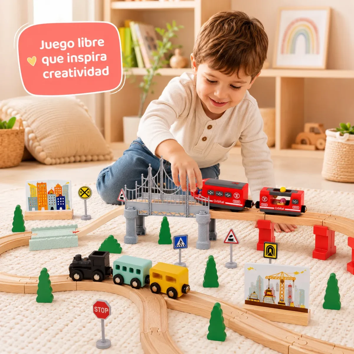 Pista de Tren de Madera con Tren Eléctrico 72 Piezas2