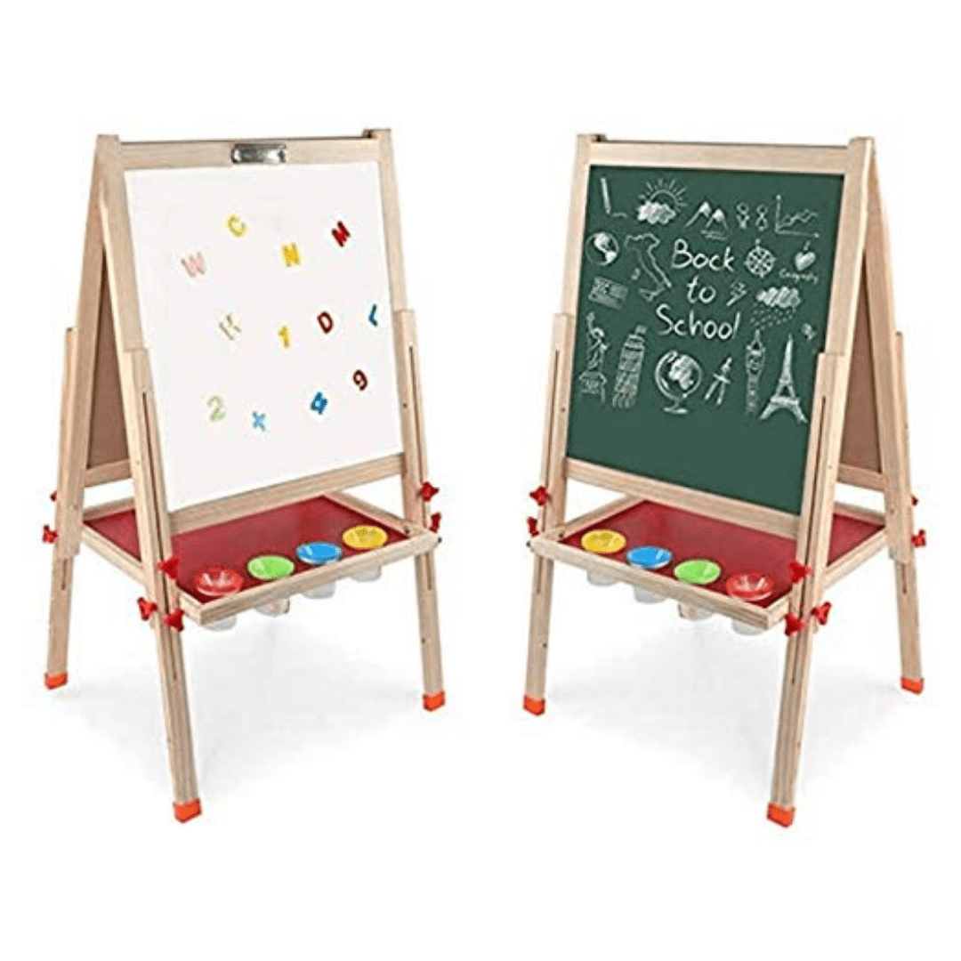Relaxdays Pizarra Infantil Doble – Altura Ajustable 81-104 Cm, Magnética, Con Estante Para Accesorios – Madera Marrón