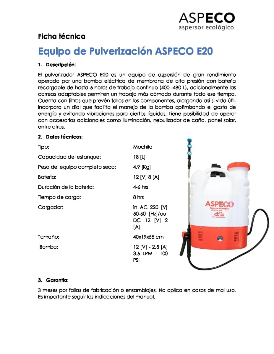 Pulverizador Eléctrico Aspeco E20 18 Ltrs1