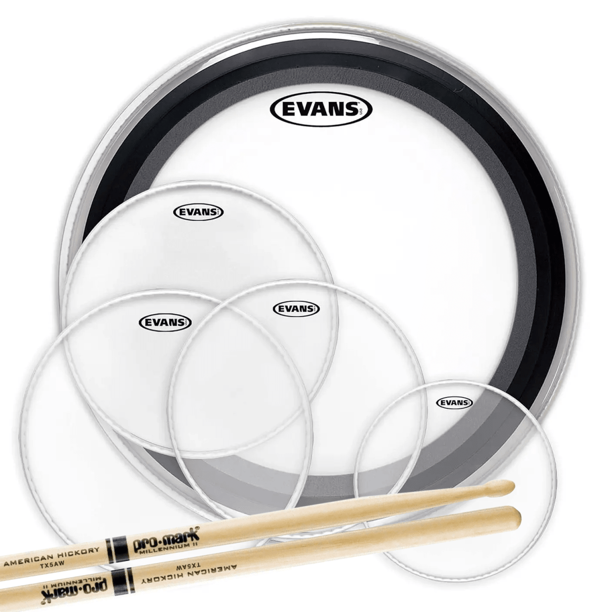 PACK DE PARCHES EVANS UPGRADE PACK G2 CLEAR + G1 COATED + EMAD + BAQUETAS PROMARK EPP-AMUP-R1-5A 1