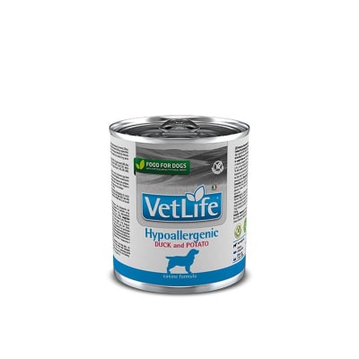 Vetlife lata hipoalergenica canina duck and potato 300 gr1