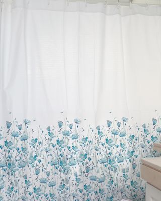 CORTINA DE BAÑO ESTAMPADA FLORCITAS Y MARIPOSAS TURQUESA1