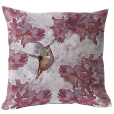 FUNDA COJÍN ESTAMPADA PICAFLOR Y FLOR FUCSIA