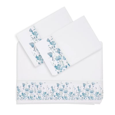 JUEGO DE SÁBANAS FLORCITAS Y MARIPOSAS TURQUESA