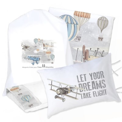 JUEGO DE CAMA FUNDA DE PLUMÓN + SABANA BAJERA + FUNDAS ALMOHADA AVIONES Y GLOBOS