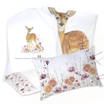 JUEGO DE CAMA FUNDA DE PLUMÓN + SABANA BAJERA + FUNDAS ALMOHADA BAMBI FLORCITAS