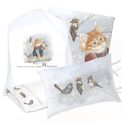 JUEGO DE CAMA FUNDA DE PLUMÓN + SABANA BAJERA +FUNDAS ALMOHADA GATO Y AMIGOS