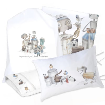 JUEGO DE CAMA FUNDA DE PLUMÓN + SABANA BAJERA + FUNDAS ALMOHADA ROBOTS