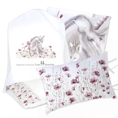JUEGO DE CAMA FUNDA DE PLUMÓN + SABANA BAJERA + FUNDAS ALMOHADA UNICORNIO