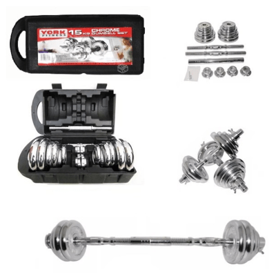 SET PESAS MALETA  15KG CROMADA BARRA AJUSTABLE