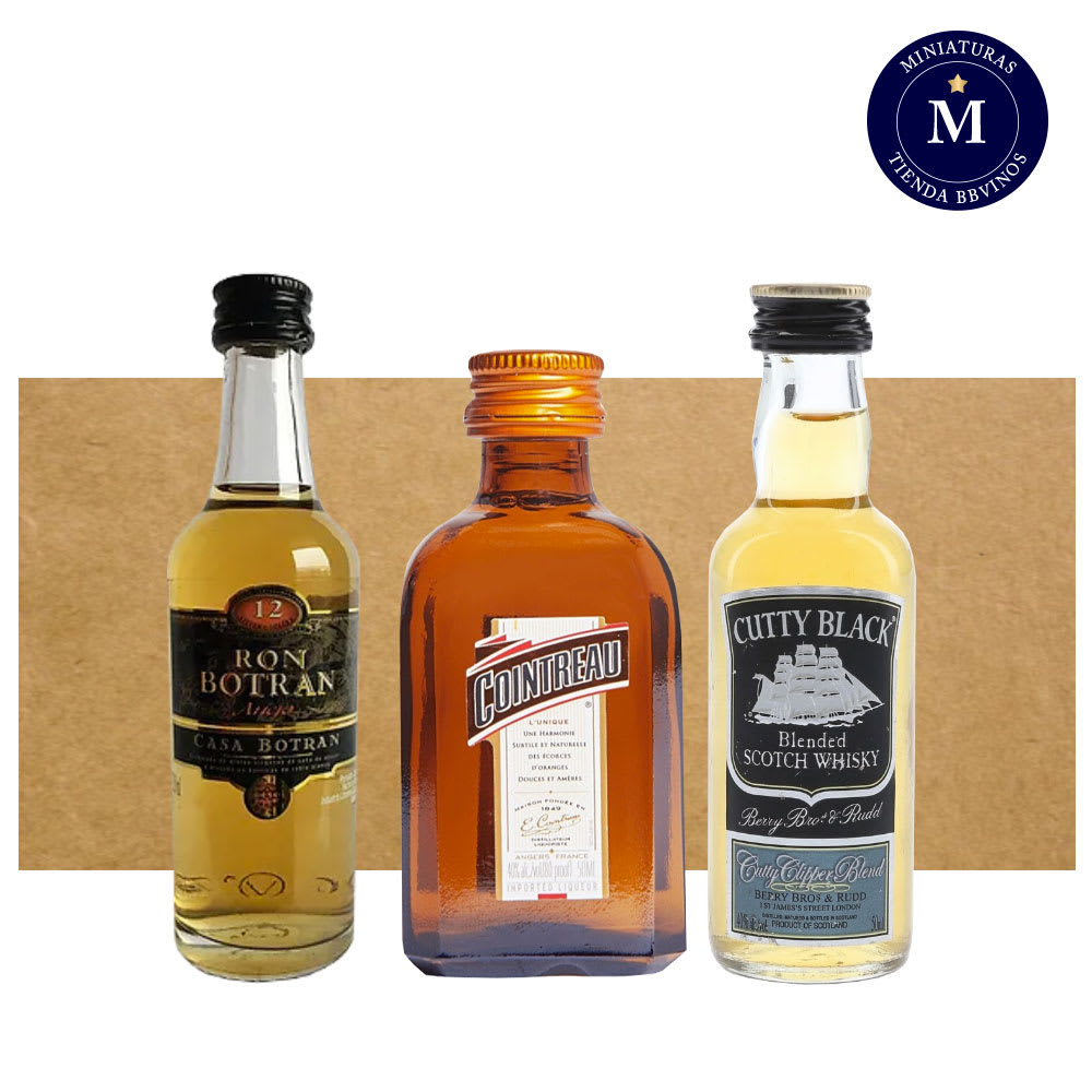 Mix Miniaturas Ron Botran Reserva, Whisky Cutty Black Blended & Licor Contreau.