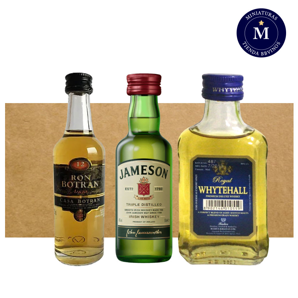 Mix Miniaturas Whisky Whytehall, Ron Botran 12 años & Whisky Jameson Irish Whiskey.