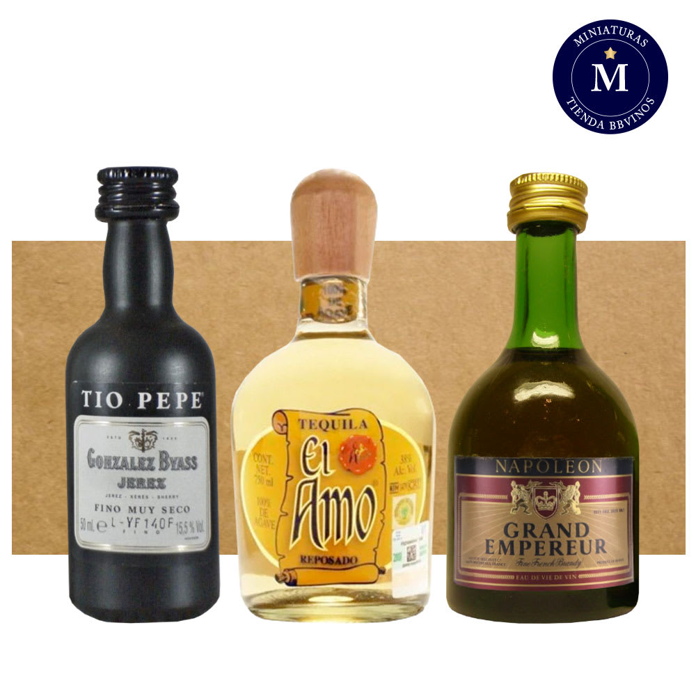 Mix Miniaturas Brandy Napoleon Grand Empereur, Jerez Tio Pepe Pet & Tequila El Amo Reposado.