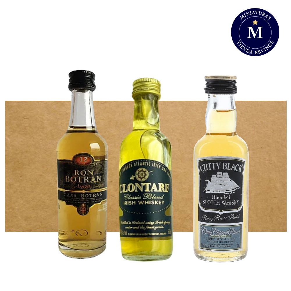 Mix Miniaturas Ron Botran Reserva, Whisky Clontarf Classic Blend & Whisky Cutty Black Blended.