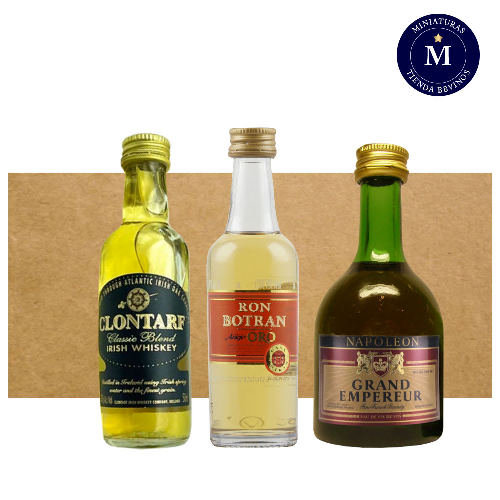 Mix Miniaturas Brandy Napoleon Grand Empereur, Ron Botran Añejo Oro & Whisky Clontarf Classic Blend.