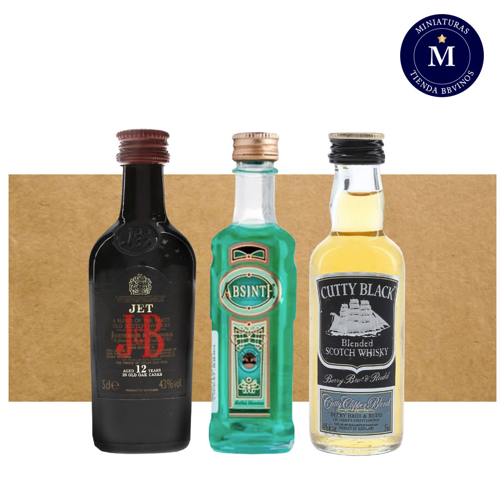 Mix Miniaturas Whisky JB Jet 12 años, Absentha Premium & Whisky Cutty Black, Blended.