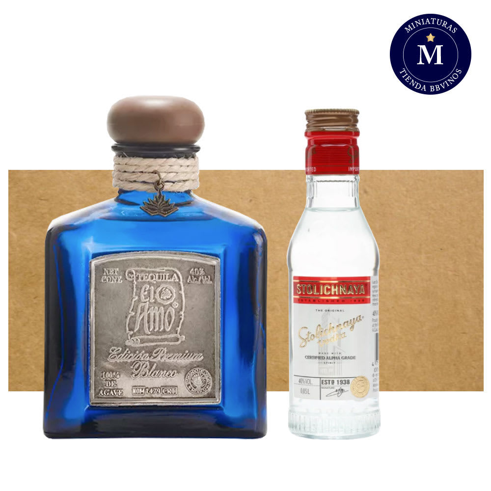 Mix Miniaturas Tequila El Amo, Edición Premium Blanco 100 ml & Vodka Stolichnaya Pet.
