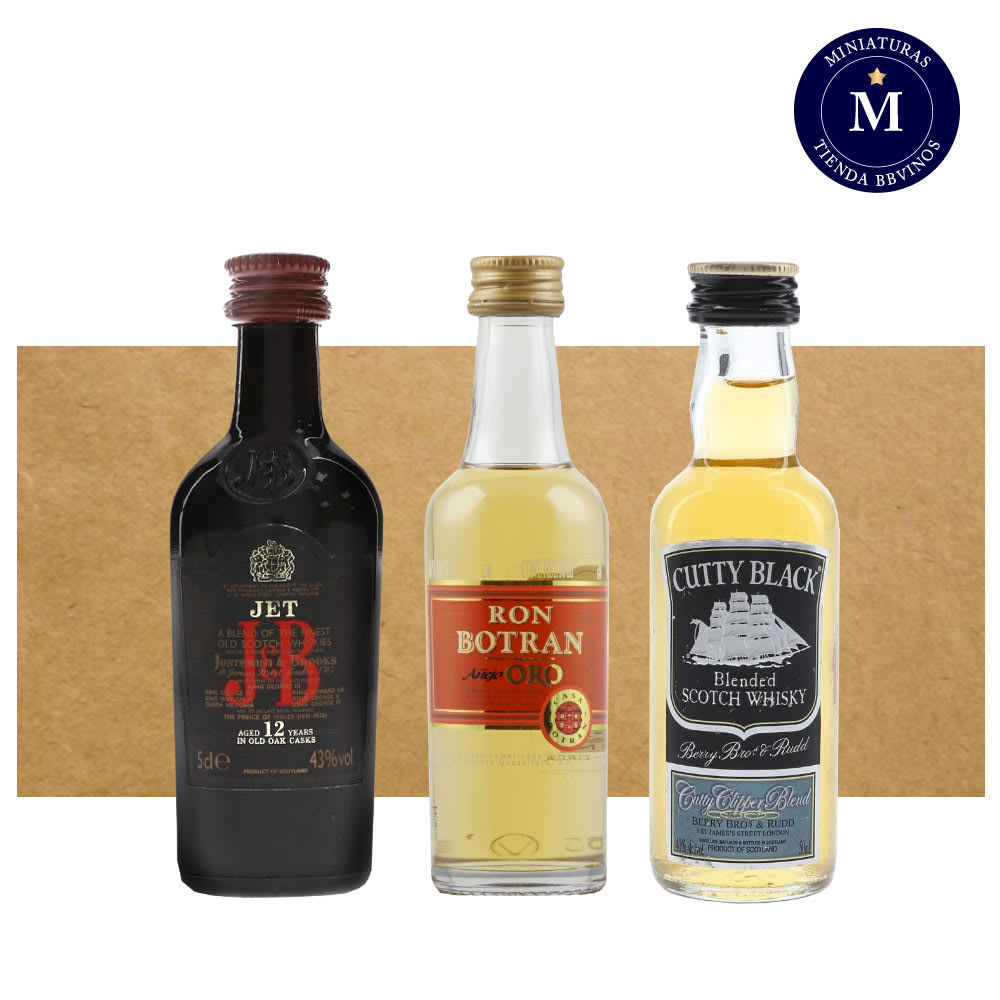 Mix Miniaturas Whisky JB 12 años, Ron Botran Añejo Oro & Whisky Cutty Black Blended.1