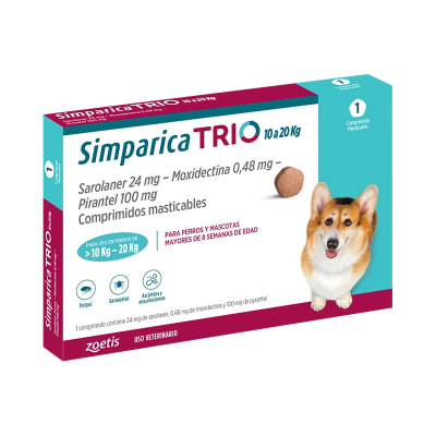 Simparica Trio 10 a 20 Kg 1 Dosis Masticable Antiparasitario interno y Externo Para Perros Simparica Trio 10 a 20 Kg 1 Dosis Masticable Antiparasitario interno y Externo Para Perros