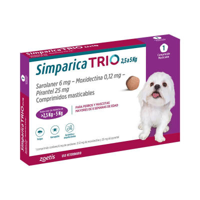 Simparica Trio 2.5 a 5 Kg 1 Dosis Masticable Antiparasitario interno y Externo Para Perros