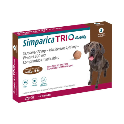 Simparica Trio 40 a 60 Kg 3 Dosis Masticables Antiparasitario interno y Externo Para Perros Simparica Trio 40 a 60 Kg 3 Dosis Masticables Antiparasitario interno y Externo Para Perros