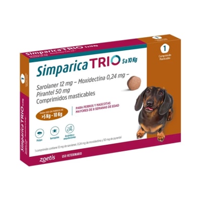 Simparica Trio 5 a 10 Kg 1 Dosis Masticable Antiparasitario interno y Externo Para Perros