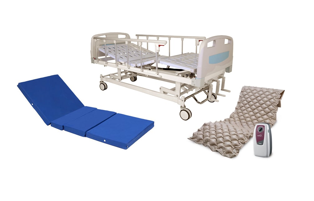 Pack Catre Clínico 3 mov. manual+Colchón Antiescaras+Colchón plegable azul1