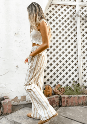 PANT LINO LISTADO BEIGE